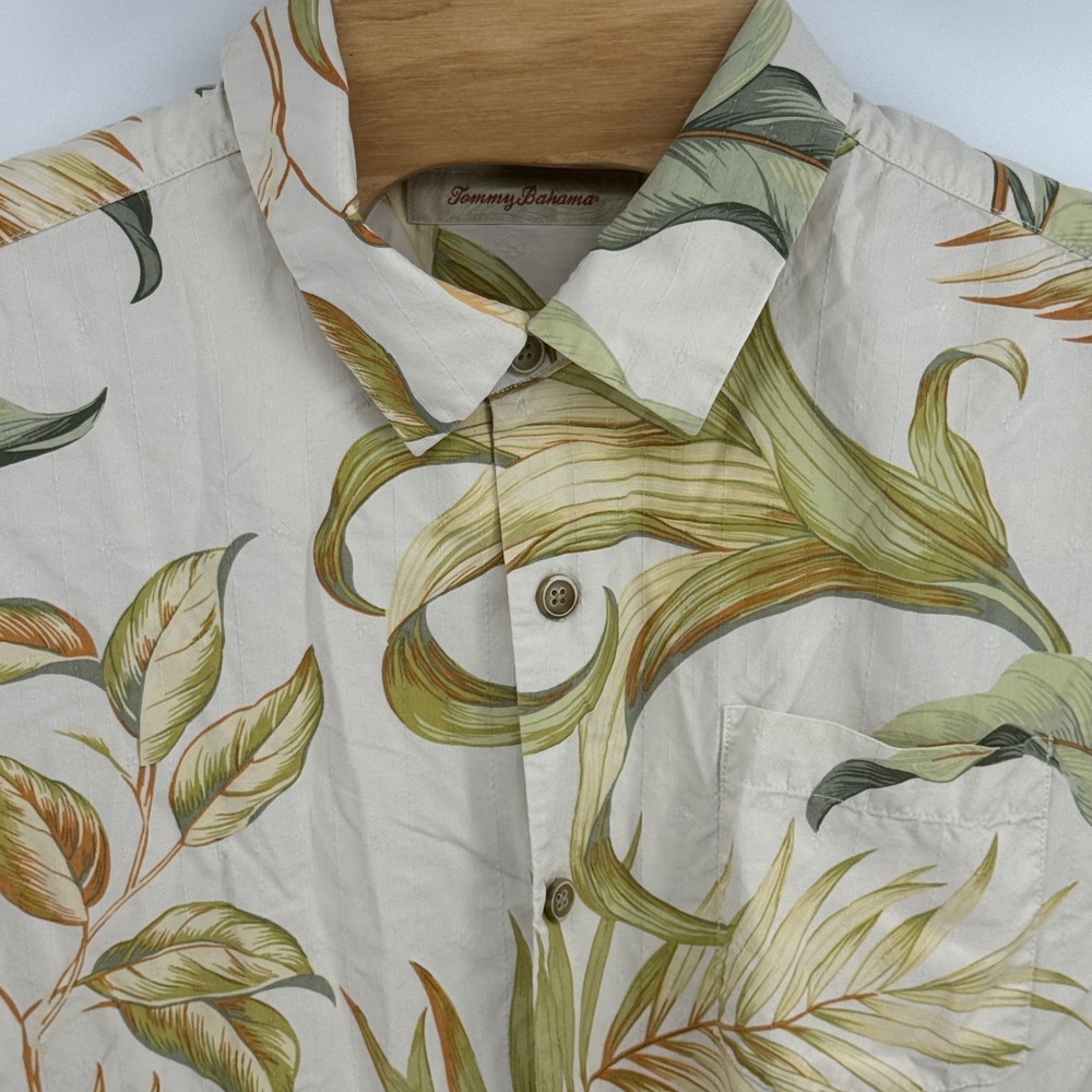 Tommy Bahama Mens XL Silk Tropical Leaf Print Hawaiian Shirt Short Sleeve